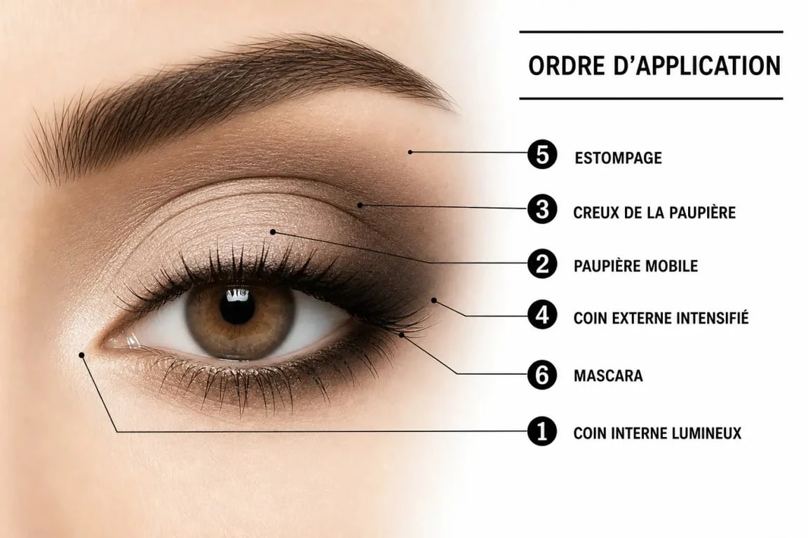 Démonstration maquillage yeux avec étapes de placement des fards sur un œil