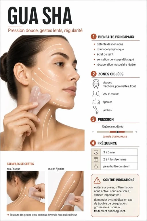 Gua sha bienfaits : infographie sur les effets visage et corps, la pression conseillée et les précautions