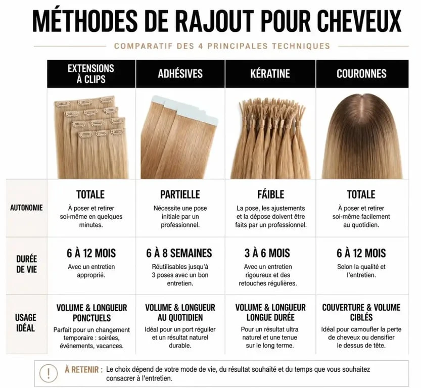 Tableau comparatif des méthodes de rajout pour cheveux : clips, adhésives, kératine et couronnes