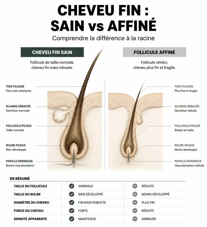 Schéma comparatif entre cheveux fins et cheveux clairsemés pour comprendre les causes de la perte de densité capillaire.