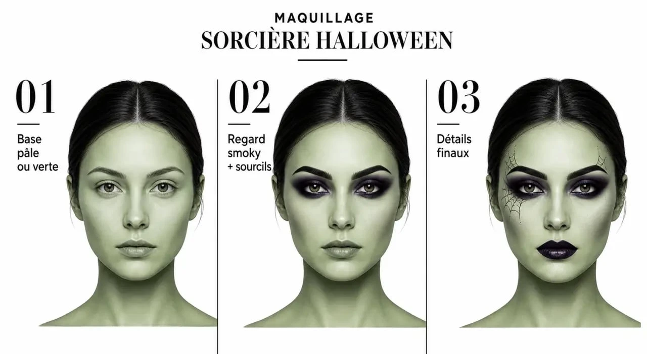 Maquillage visage sorciere en 3 étapes pour Halloween avec base, regard sombre et détails de finition