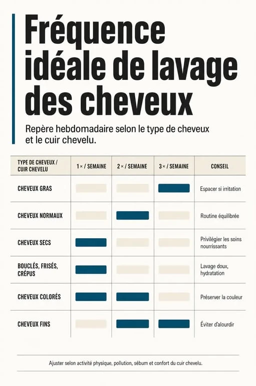 Combien de shampoing par semaine selon le type de cheveux, tableau clair et éditorial