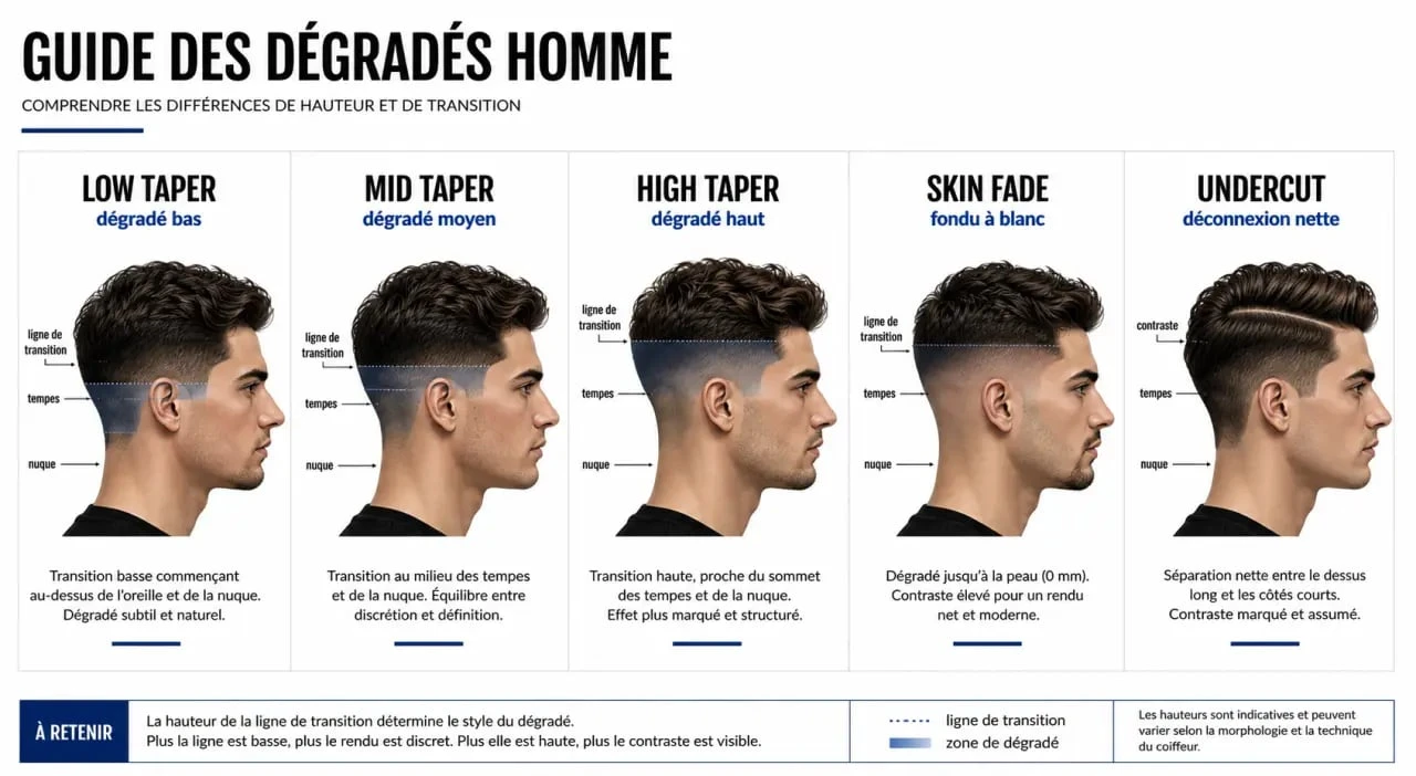 Infographie design taper homme comparant low taper, mid taper, high taper, skin fade et undercut