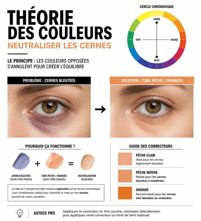 Schéma de la théorie des couleurs pour choisir le meilleur anti-cernes selon la carnation