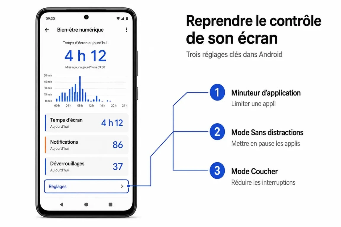 Bien-être numérique Android : tableau de bord du temps d’écran, des notifications et des réglages de contrôle parental