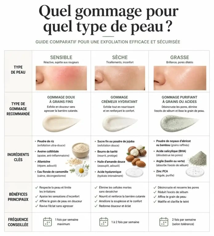 Tableau comparatif des types de gommage corps selon le type de peau
