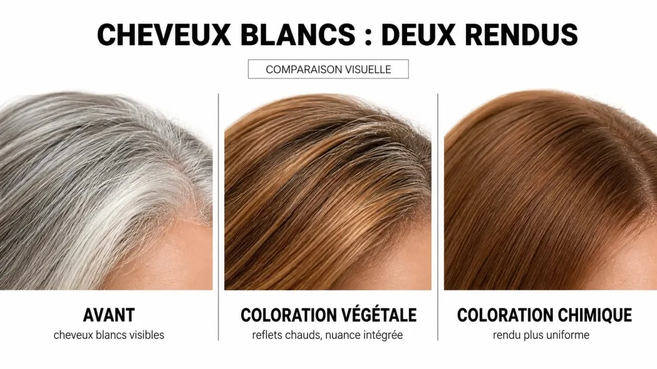 Coloration végétale cheveux blancs : comparaison visuelle du rendu avant et après sur une mèche