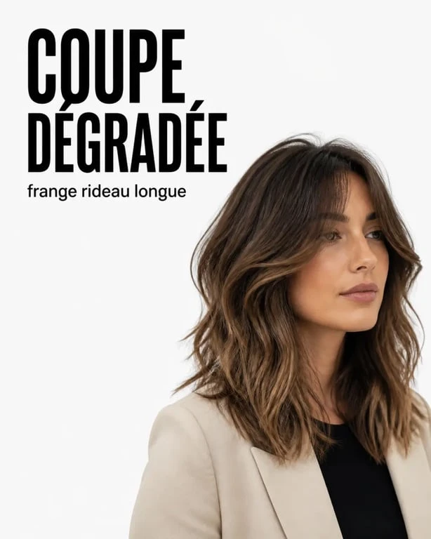 Moderne coupe femme mi long dégradé avec frange rideau et ondulations souples