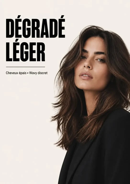 Moderne coupe femme mi long dégradé sur cheveux épais avec couches marquées et mouvement