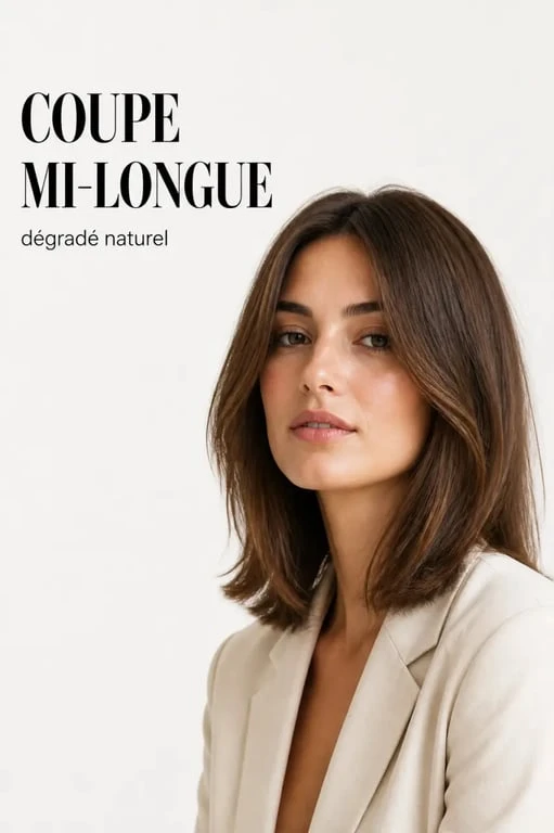 Moderne coupe femme mi long dégradé sur cheveux lisses avec dégradé léger et mèches encadrantes