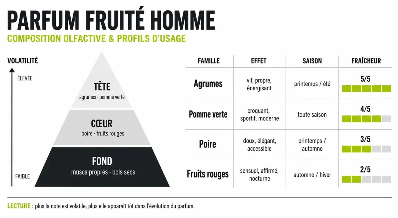 Infographie sur le parfum fruité homme avec les notes olfactives, les saisons d’usage et les profils conseillés