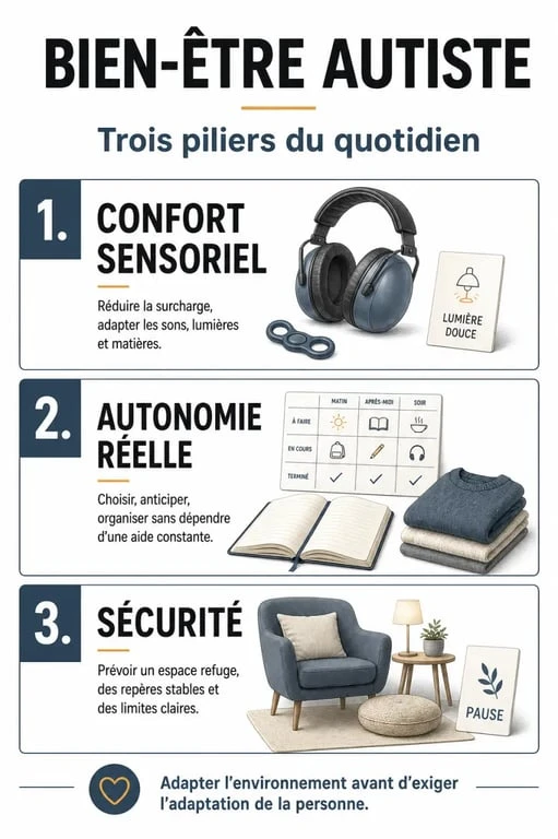 Bien être autiste : infographie des trois piliers du quotidien, confort sensoriel, autonomie et sécurité