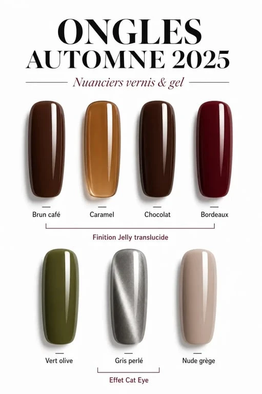 Couleur ongles automne 2025 : planche éditoriale des bruns, rouges, verts et nudes tendance