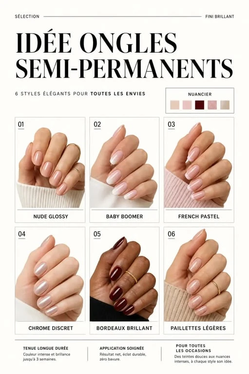 Idée ongle semi permanent avec plusieurs styles de manucure tendance