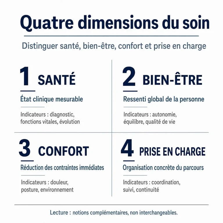 Infographie sur le bien être médical : différences entre santé, bien-être, confort et remboursement