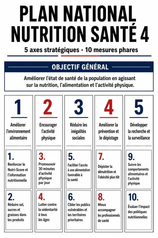Plan national nutrition santé 4 : schéma des 5 axes stratégiques et 10 mesures phares