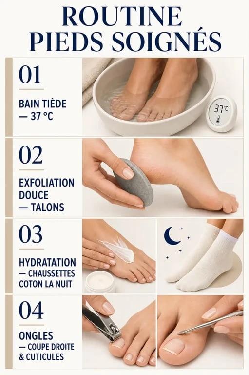 Comment avoir de beaux pieds avec une routine simple en quatre étapes : bain tiède, exfoliation, hydratation et coupe des ongles