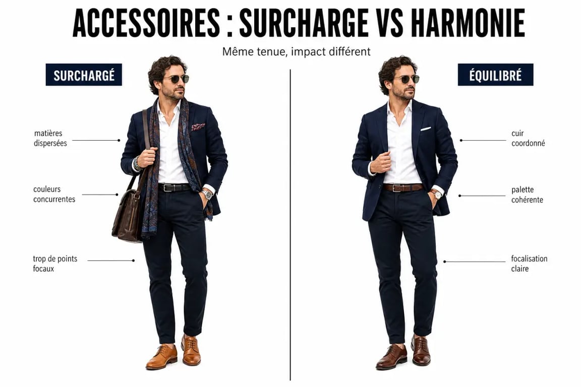 Comment choisir les accessoires masculins pour sublimer son style : comparaison visuelle entre une tenue surchargée et une tenue harmonieuse avec ceinture, montre et chaussures coordonnées