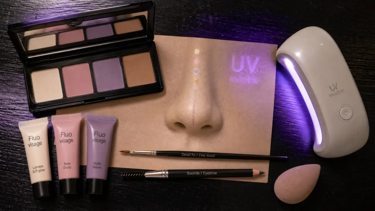 Maquillage fluo visage : traces UV invisible sur peau, palette et lampe UV