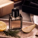 Parfum fruité homme : flacon aux agrumes, poire et fruits rouges, fond boisé