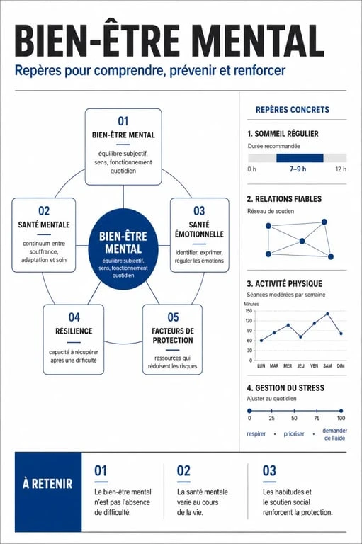Infographie sur le bien être mental distinguant bien-être mental, santé mentale, résilience et facteurs de protection