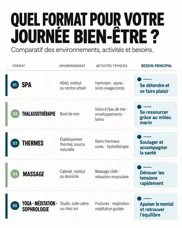 Comparaison des formats pour choisir une journée bien être : spa, thalassothérapie, thermes, massage et yoga