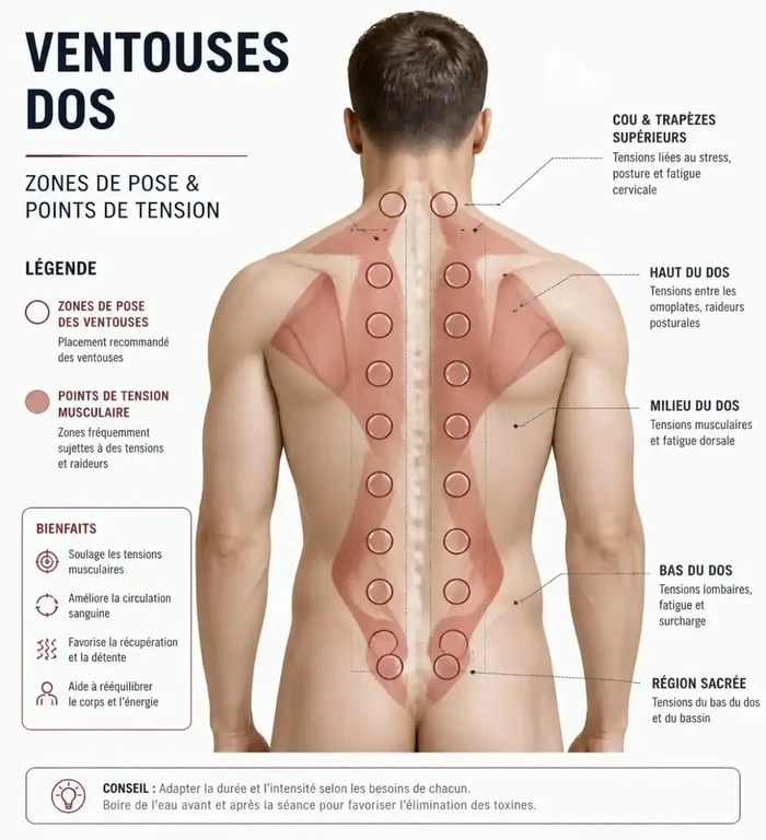 Schéma explicatif de la pose des ventouses pour la hijama bien-être sur le dos