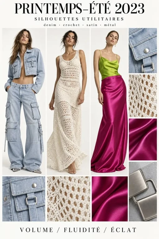 Tendances mode printemps-été 2023 : cargo, taille basse, robe longue et matières brillantes