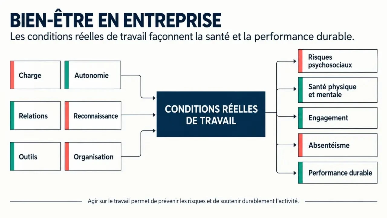 Schéma du bien être entreprise reliant conditions de travail, risques psychosociaux, santé et engagement