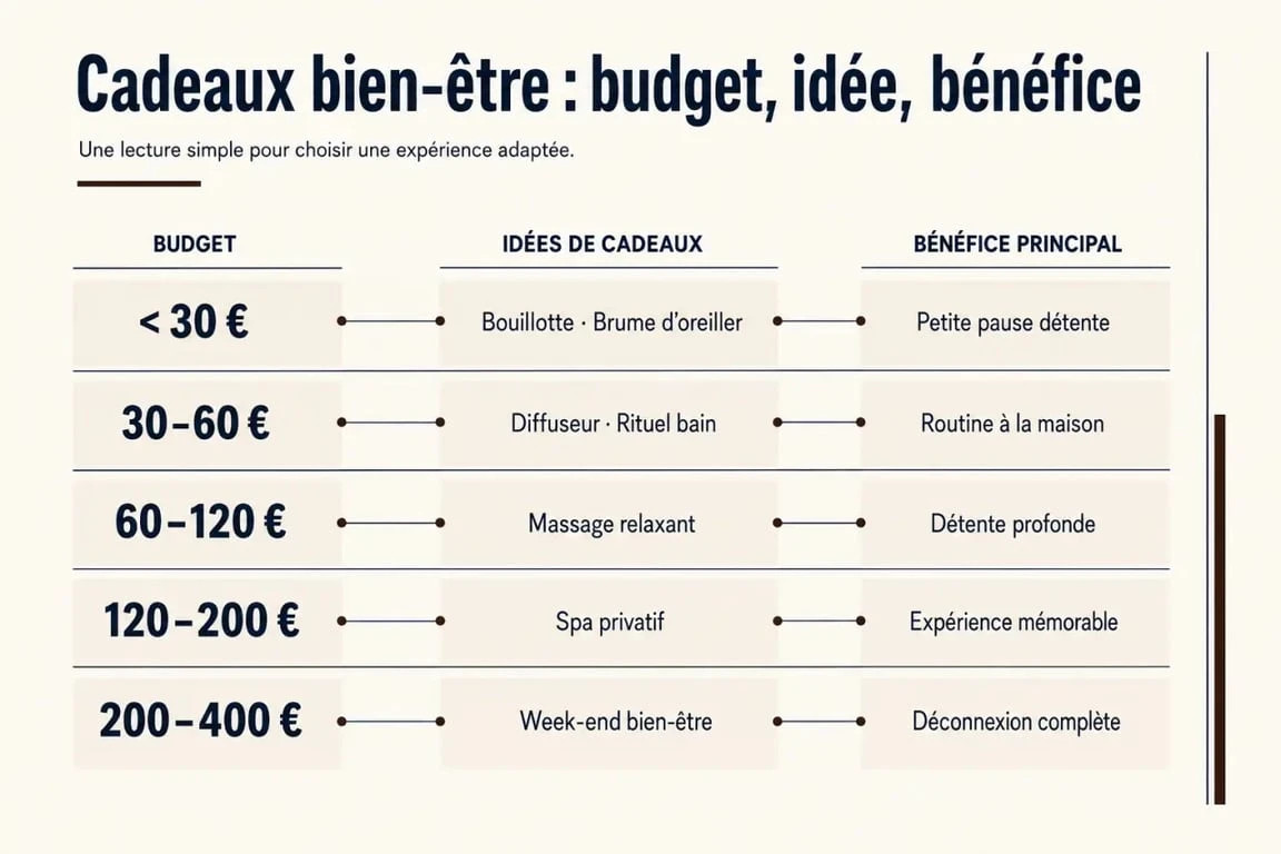 Infographie cadeau bien être femme avec idées par budget
