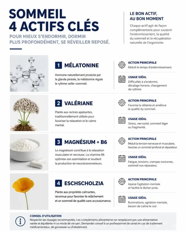 Infographie des principaux compléments alimentaires pour dormir et leurs bienfaits