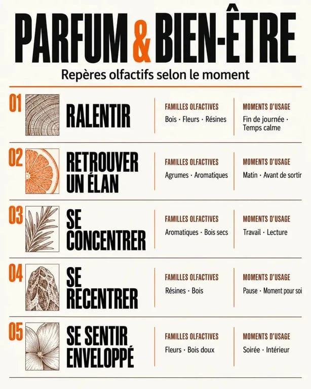 Infographie du parfum bien-être selon l’humeur, les familles olfactives et les moments d’usage