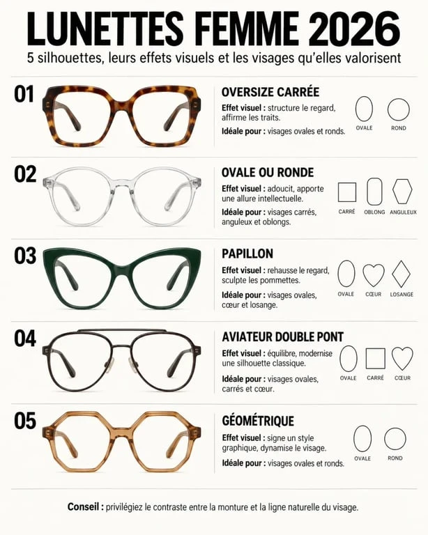 Infographie des tendances mode lunettes femme 2026 selon les formes de montures et les visages
