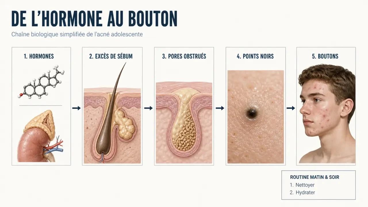 Soin visage ado : schéma des hormones, du sébum et d’une routine matin soir simple