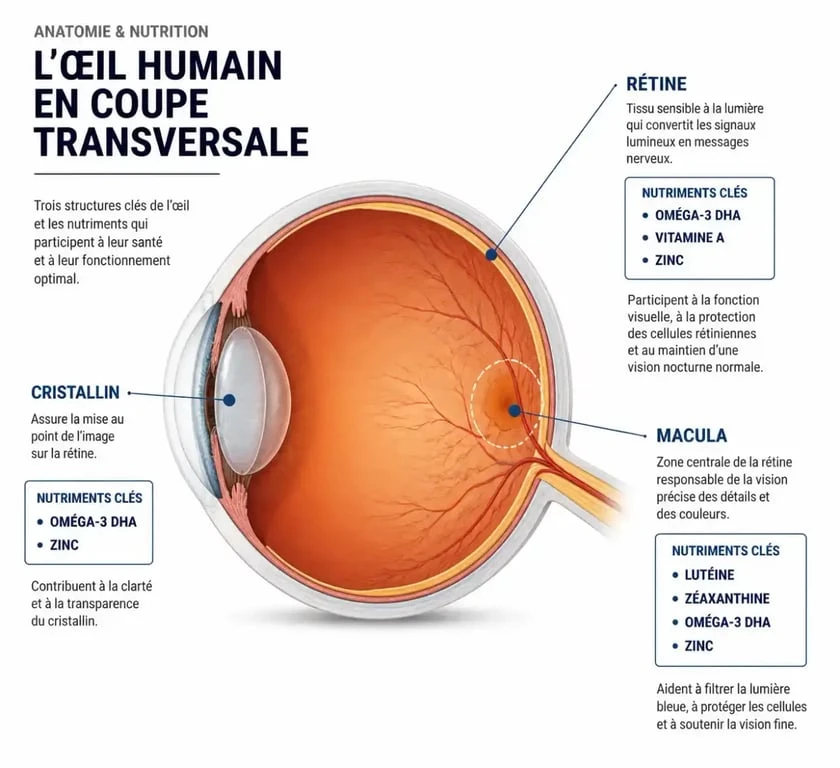 Schéma de l'œil et des nutriments liés aux compléments alimentaires yeux