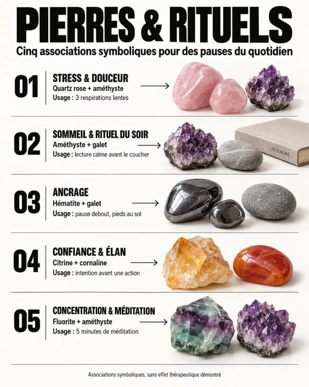 Infographie sur le bien-être par les pierres et leurs usages symboliques selon les besoins
