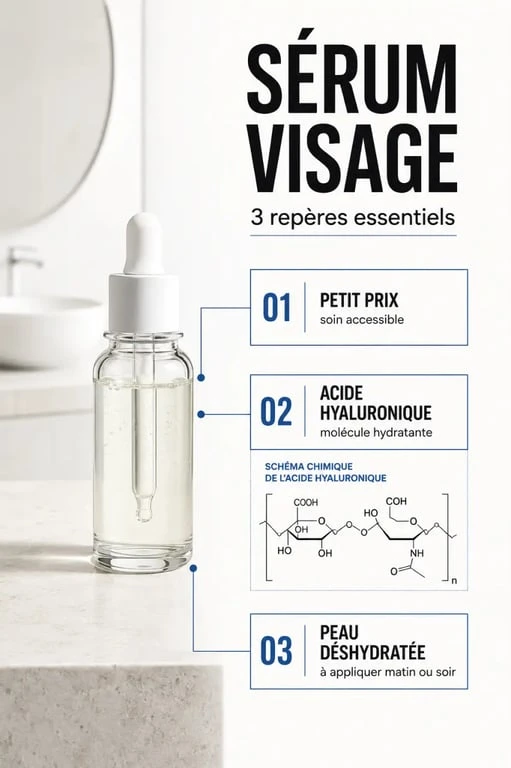 sérum cien lidl avis : visuel éditorial sur le prix, l’acide hyaluronique et l’usage du sérum