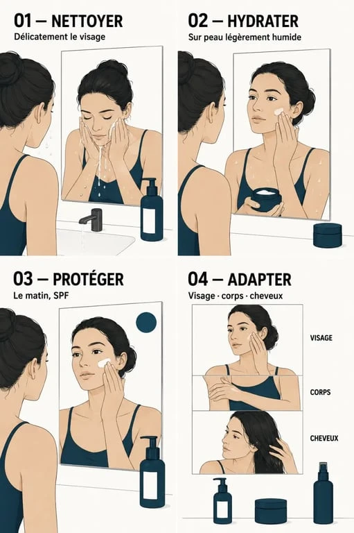 Conseils beauté : illustration d’une routine quotidienne pour nettoyer, hydrater et protéger la peau
